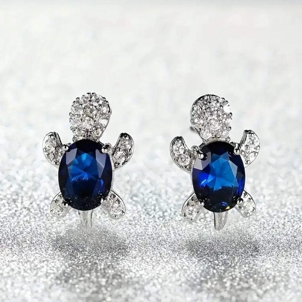 Navy Blue Zircon Sea Turtle Earrings